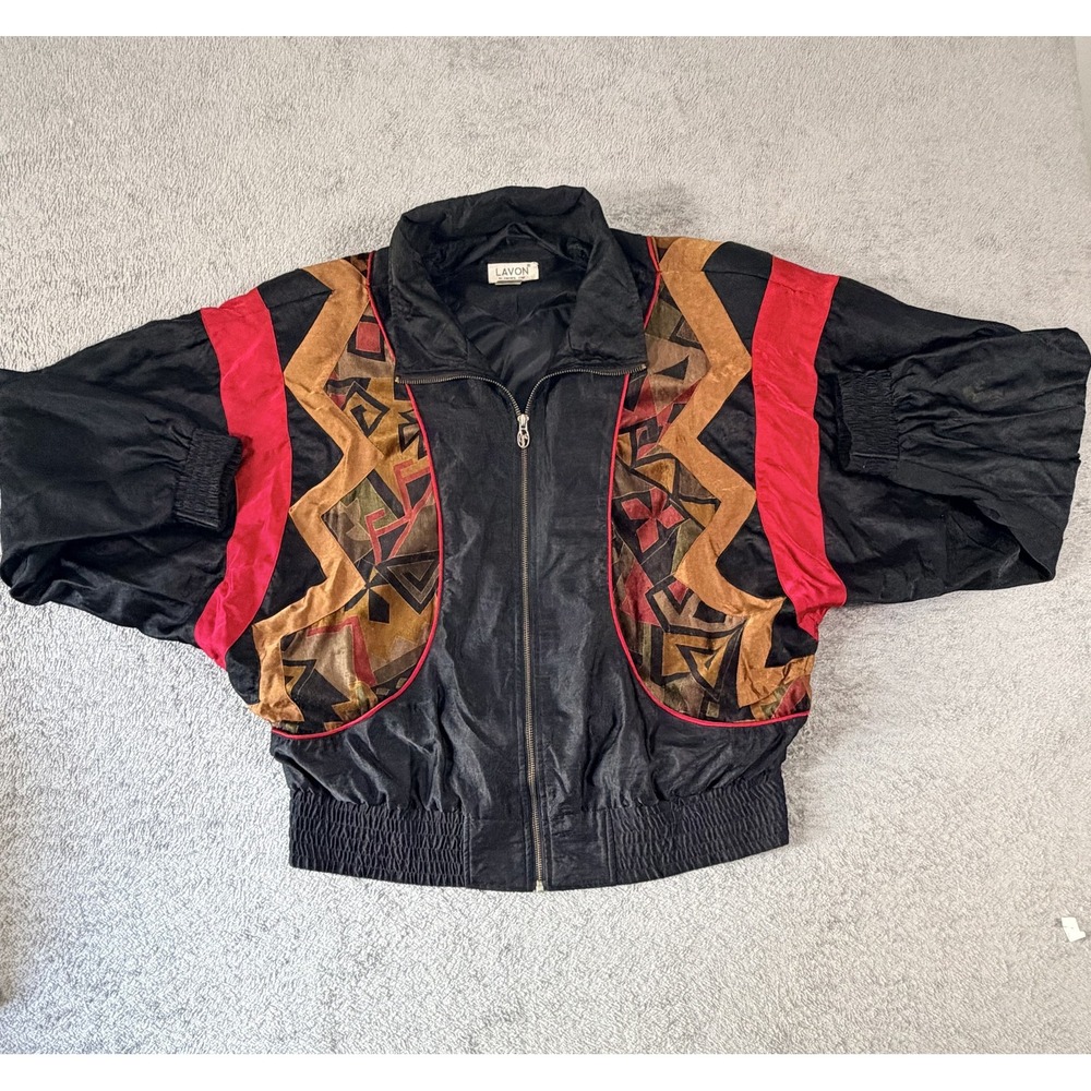 Vintage Lavon Bomber Jacket Womens Medium Black Multicolor Southwestern 80s